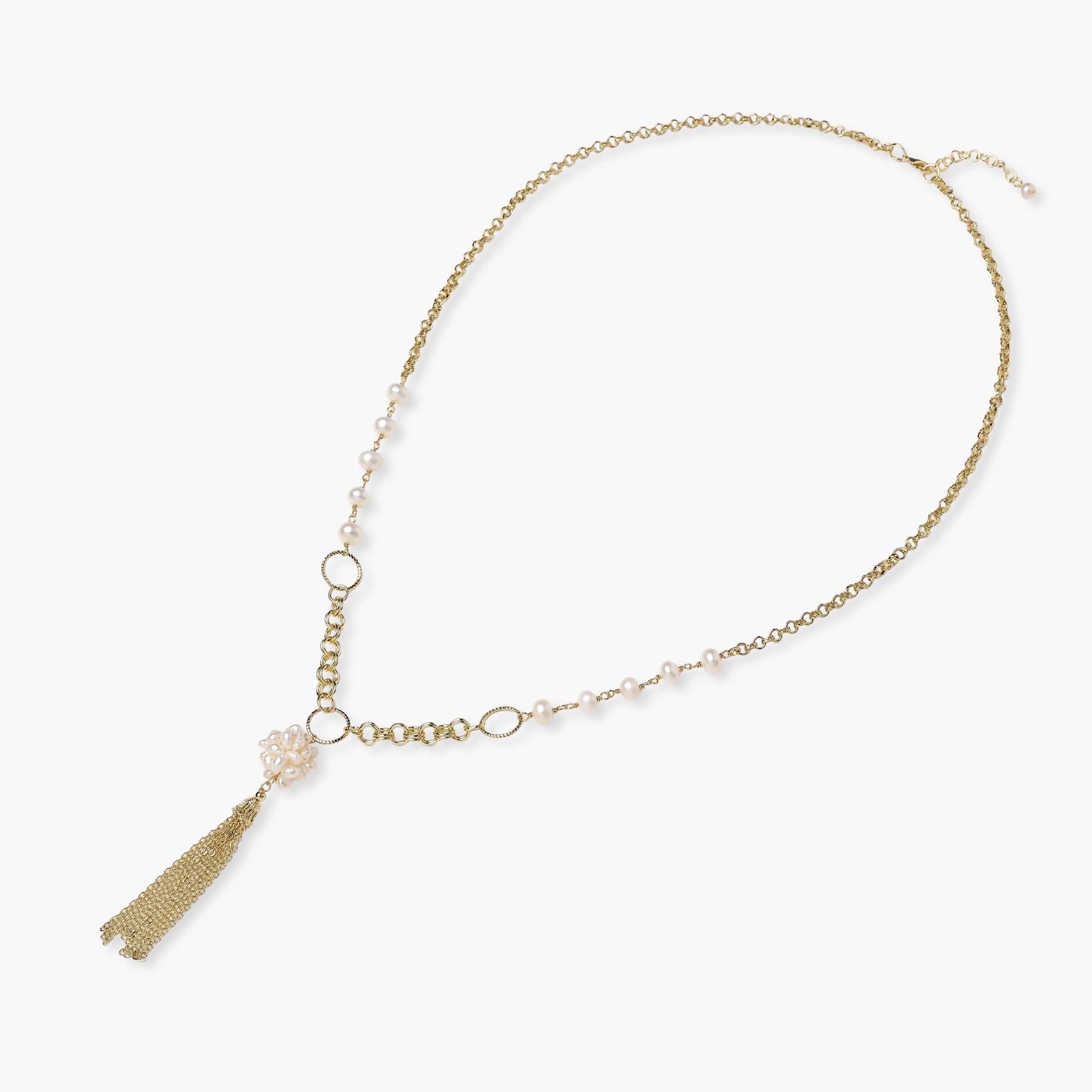 Long gold-plated necklace with freshwater pearls, chunky chain links, and flowing tassel pendant