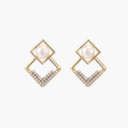 Gold-plated double square frame earrings with freshwater pearl and crystal accents on white background