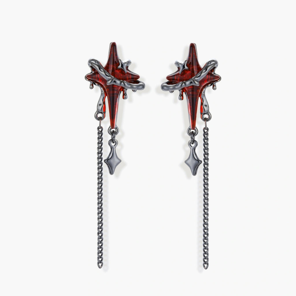 Gothic red resin dagger earrings with silver chain details and S925 posts on white background