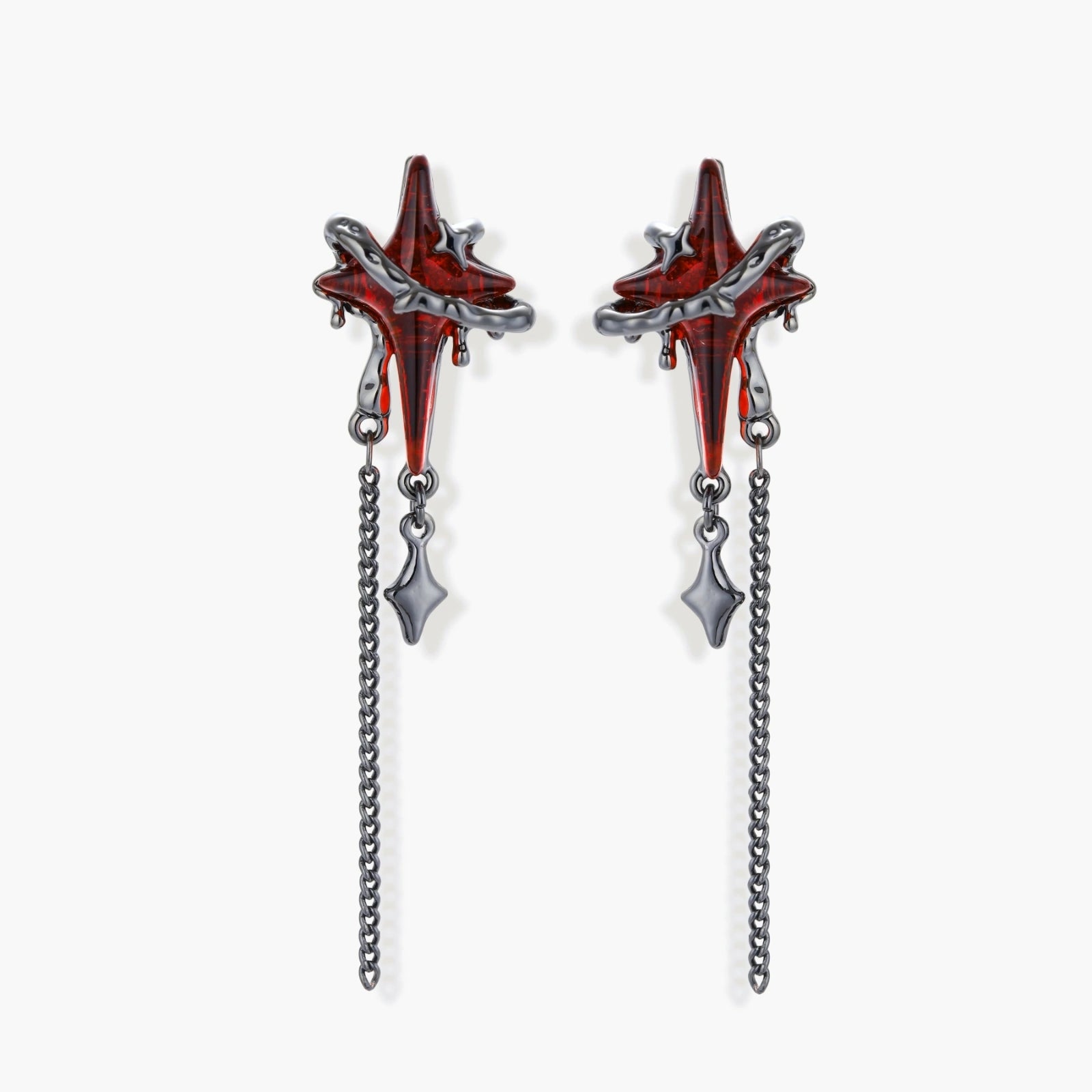 Gothic red resin dagger earrings with silver chain details and S925 posts on white background