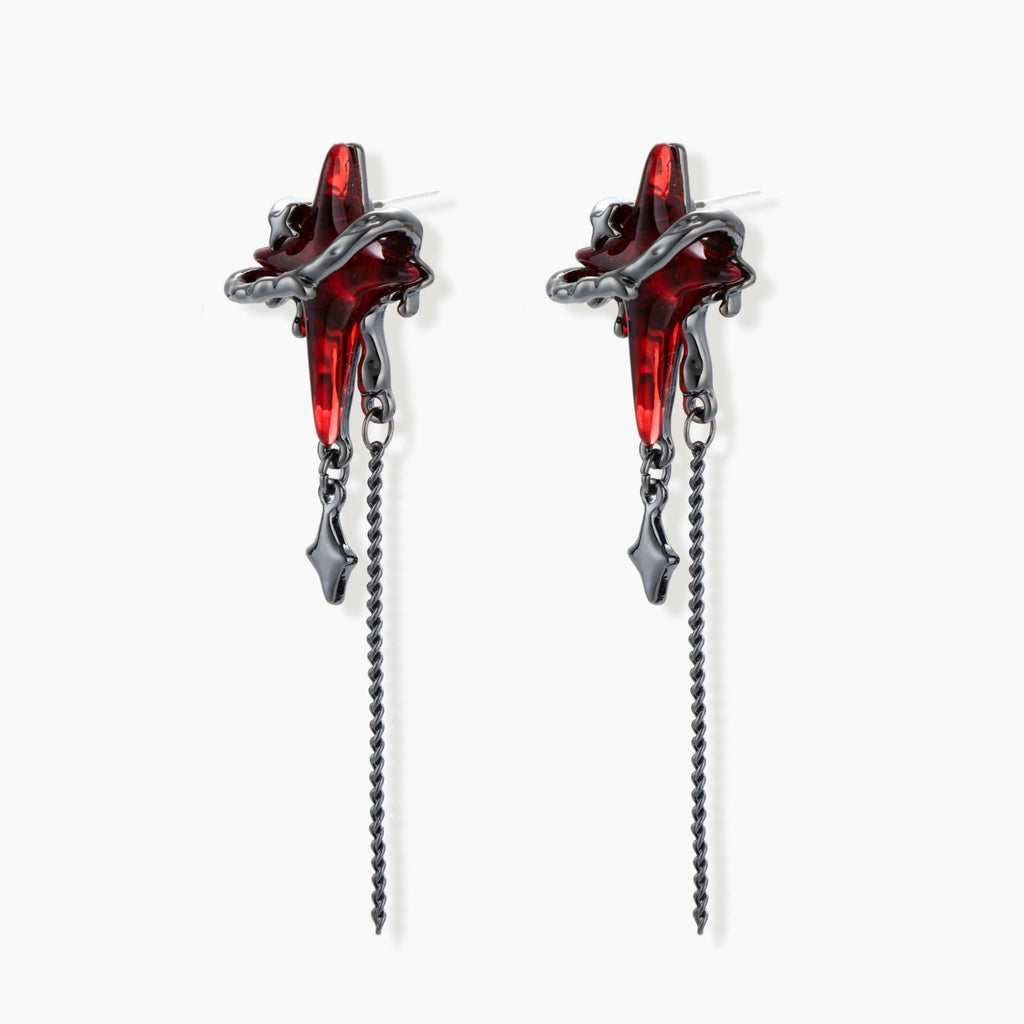 Gothic red resin dagger earrings with silver chain details and S925 posts on white background