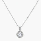 Platinum-plated sterling silver necklace with round halo pendant featuring central crystal surrounded by smaller stones