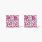 White gold plated jewelry set with pink cubic zirconia stones in geometric cross design, featuring Y-necklace and square stud earrings
