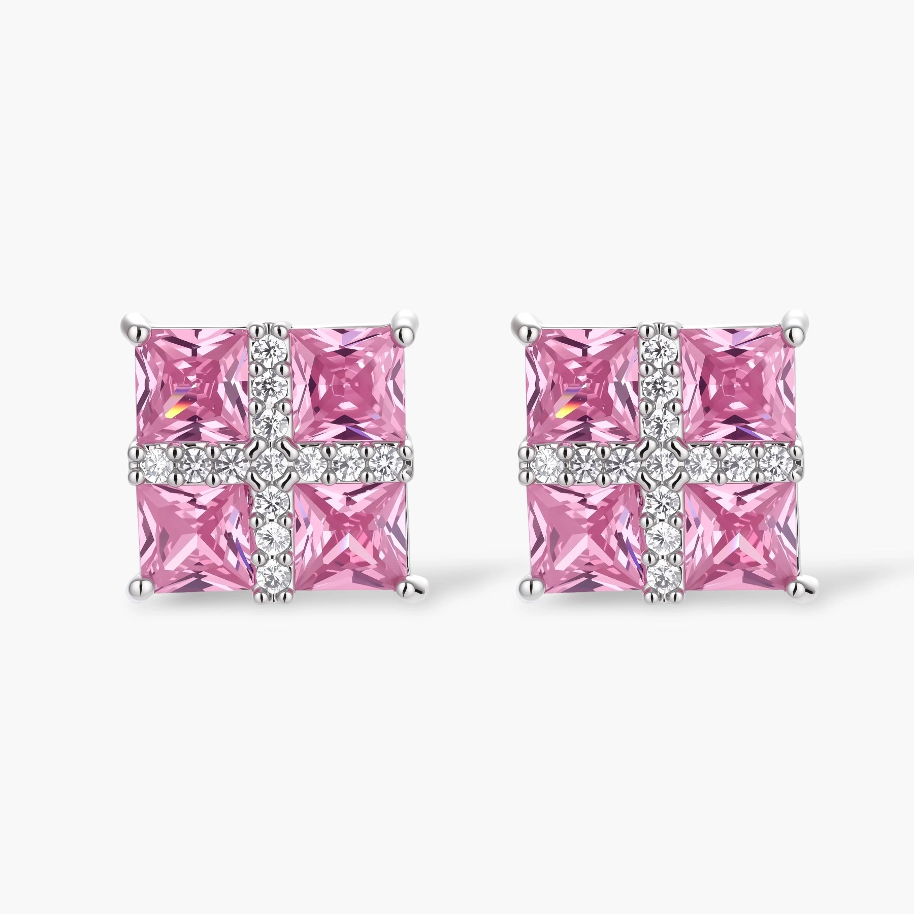 White gold plated jewelry set with pink cubic zirconia stones in geometric cross design, featuring Y-necklace and square stud earrings