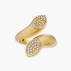 Open-band gold-plated ring with two oval pavé zirconia sections positioned at opposite ends, adjustable design