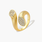 Open-band gold-plated ring with two oval pavé zirconia sections positioned at opposite ends, adjustable design