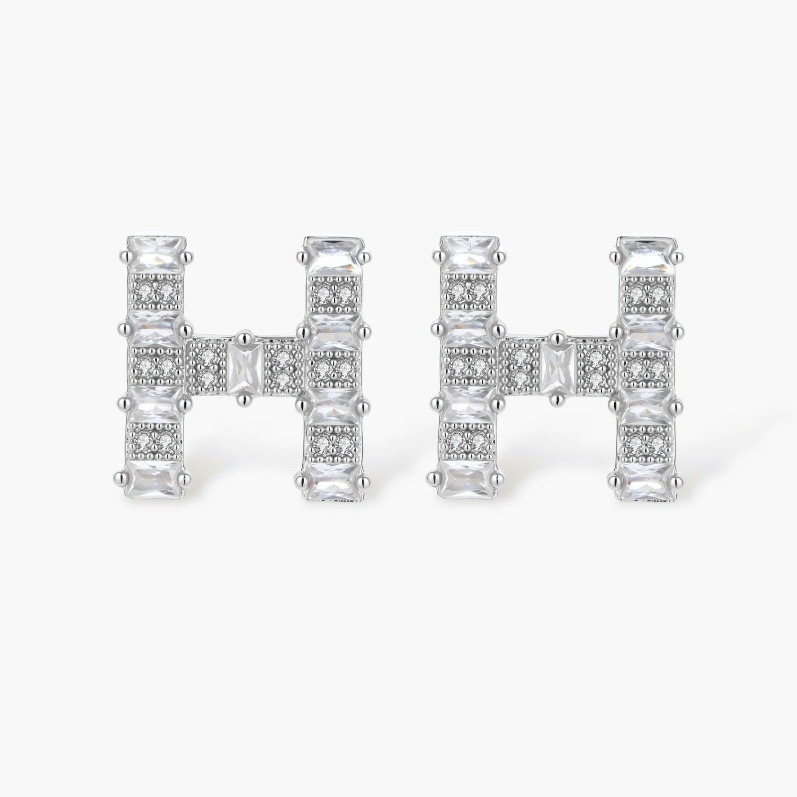 Letter H jewelry set featuring geometric crystal design in gold and white gold plated finish with adjustable chain necklace